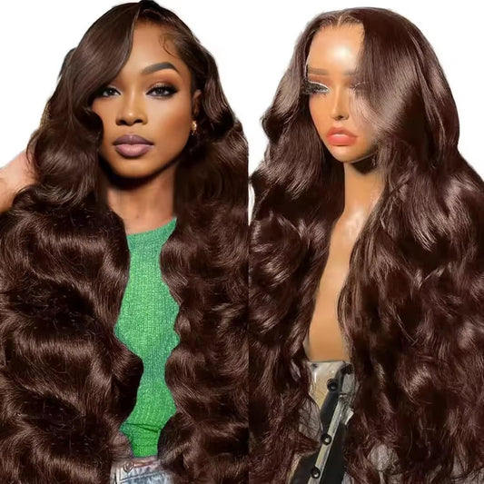 Coffee Dark Brown Body wave Human Hair Wig - 13x4 HD Lace Front Wig, Pre - plucked Natural Hairline - Bombshells Raw Hair Co